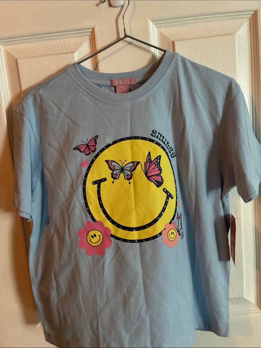 Lucky Brand Light Blue Tee with Yellow Smiley & Pink Butterflies